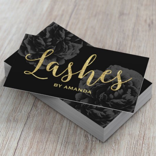 Lashes Gold Script Elegant Black Floral Visitekaartje