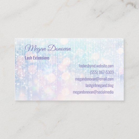 Lashes Logo Paarse en Blauwgroen Bokeh Sparkle Visitekaartje (Achterkant)