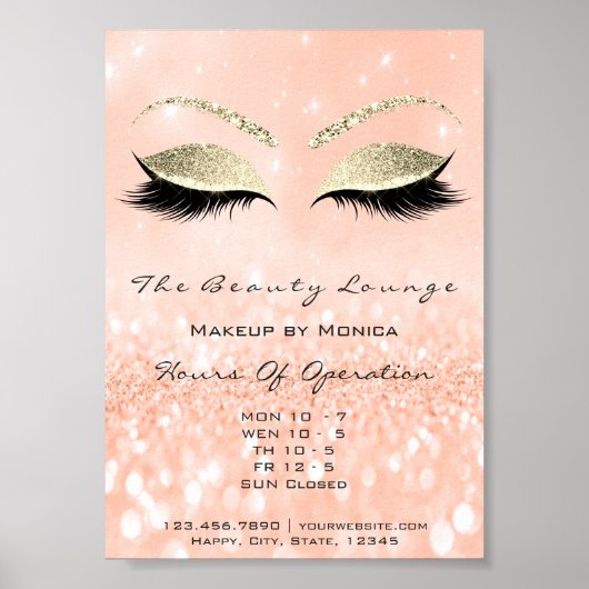Lashes Makeup Artist Glitter Beauty Salon Peach Poster (Voorkant)
