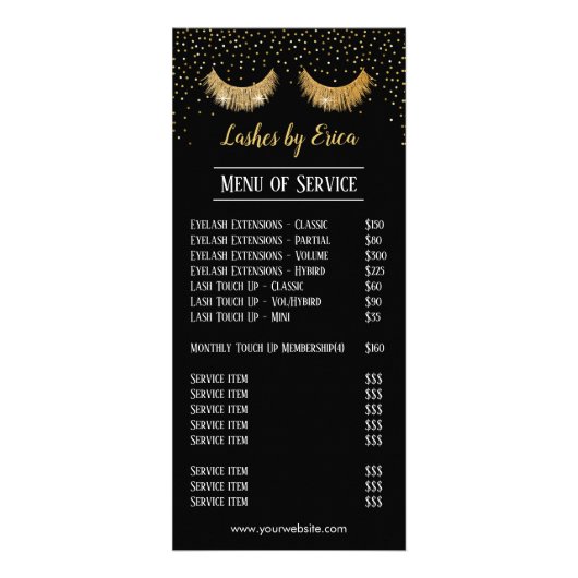 Lashes Makeup Artist Gold Confetti Price List Reclamekaart (Voorkant)