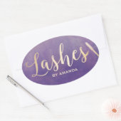 Lashes Makeup Artist Gold Script Elegant Paars Ovale Sticker (Envelop)