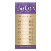Lashes Makeup Artist Gold Script Paarse prijslijst Reclamekaart (Voorkant)