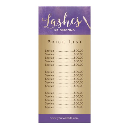 Lashes Makeup Artist Gold Script Paarse prijslijst Reclamekaart (Voorkant)