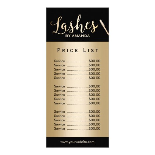Lashes Makeup Artist Modern Black Gold Price List Reclamekaart (Voorkant)