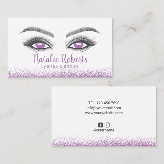 Lashes Makeup Artist Modern Paars Glitter Salon Visitekaartje (Voorkant / Achterkant)
