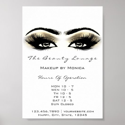 Lashes Makeup openingsuren Gold Salon White Poster (Voorkant)
