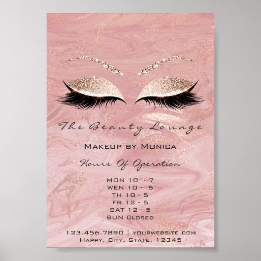 Lashes Makeup openingsuren marmer Salon Glitter Poster (Voorkant)