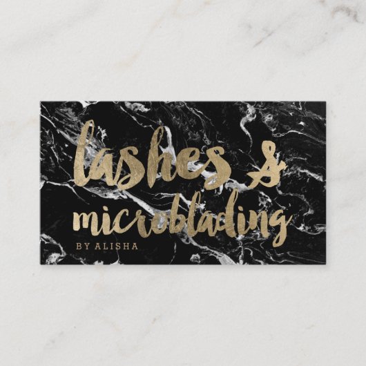 Lashes microblading faux Gold script zwarte marmer Visitekaartje (Voorkant)