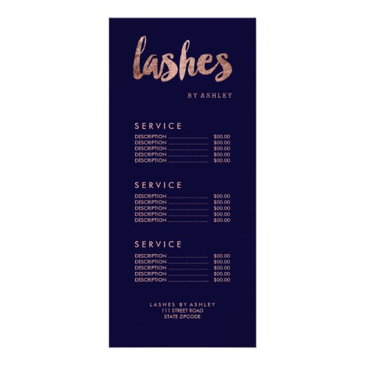 Lashes moderne goudtipografie blauw prijslijst reclamekaart (Voorkant)