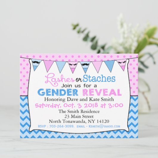 Lashes of Staches onthullen uitnodiging voor gesla (Staand voorkant)