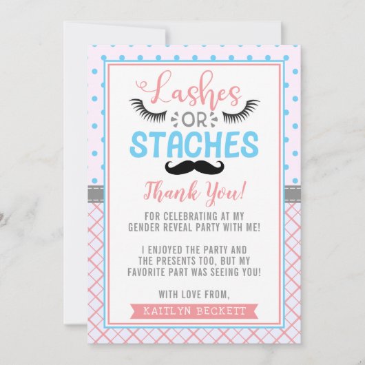 "Lashes or Staches" Modern Gender Reopenbaarmaking Bedankkaart (Voorkant)