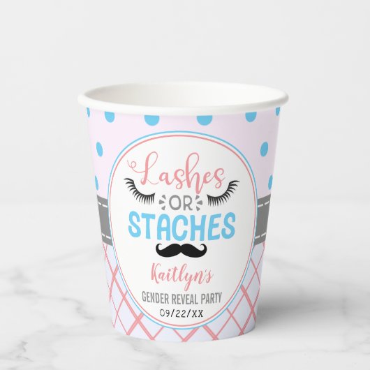 "Lashes or Staches" Modern Gender Reopenbaarmaking Papieren Bekers (Voorkant)