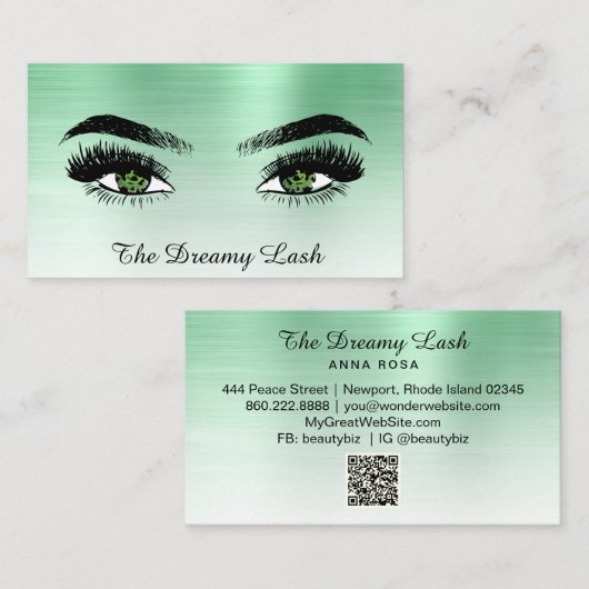 *~* Lashes QR Brows Extensions GREEN glitter Visitekaartje (Voorkant / Achterkant)