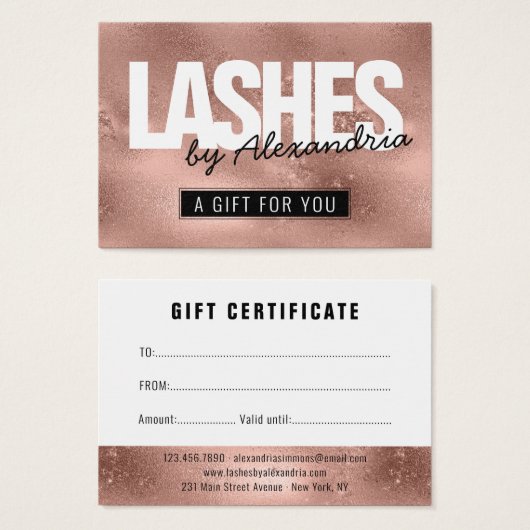 Lashes Roos Gold Pink Sparkle Gift Certificate Visitekaartje (Voorkant /achterkant)