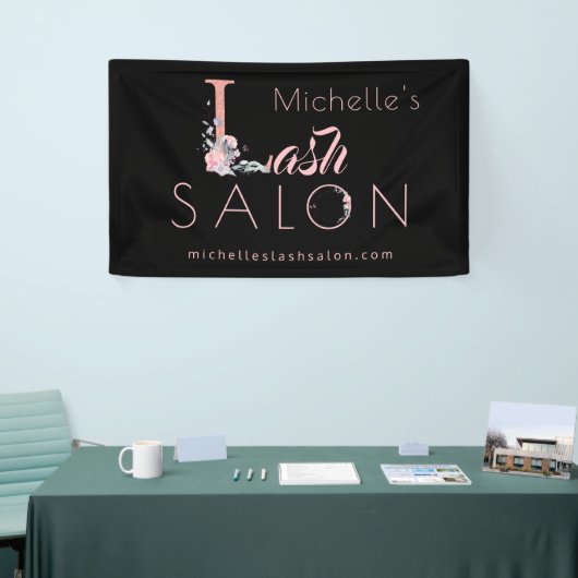 Lashes salon jouw naam floral glitter roze zwart spandoek (Beurs)