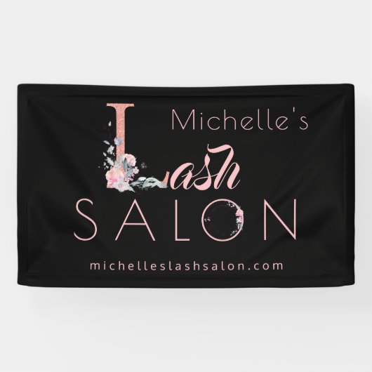 Lashes salon jouw naam floral glitter roze zwart spandoek (Horizontaal)