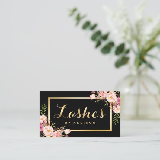 Lashes Script Modern Makeup Black Gold Floral Visitekaartje (Staand voorkant)