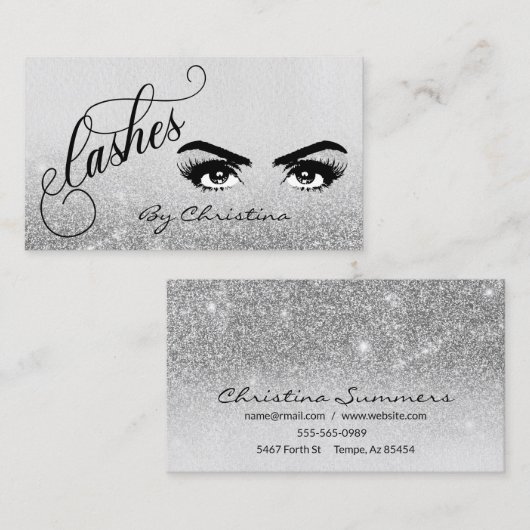 Lashes Script Silver Ombre glitter Eyelash Eyes Visitekaartje (Voorkant / Achterkant)