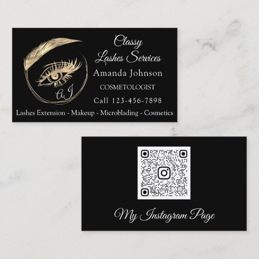 Lashes Studio Custom Qr Code Black Gold Visitekaartje (Voorkant / Achterkant)