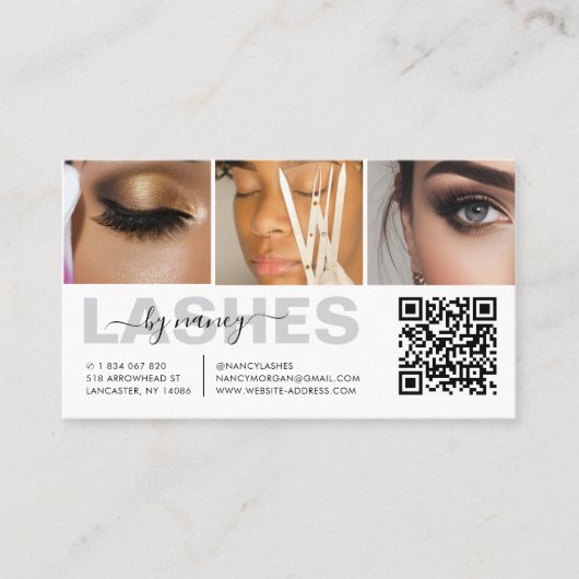 Lashes Typografie 3 Foto Collage QR Code Visitekaartje (Voorkant)