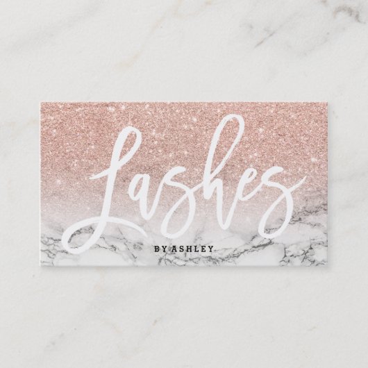 Lashes typografie roos goud glitter marmer visitekaartje (Voorkant)
