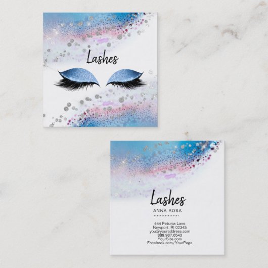 *~* LASHES Waterverf Abstract Pastel Glitter Blue Vierkante Visitekaartje (Voorkant / Achterkant)