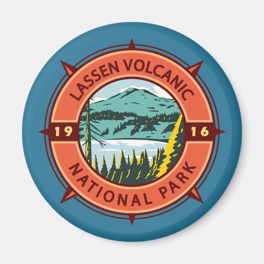 Lassen Volcanic National Park Retro Compass Emblem Magneet (Voorkant)