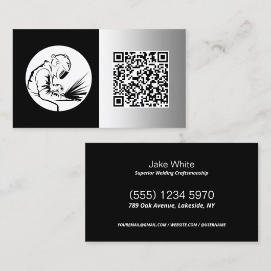 Lasser Custom Zwart Faux Metaal QR Visitekaartje (Voorkant / Achterkant)