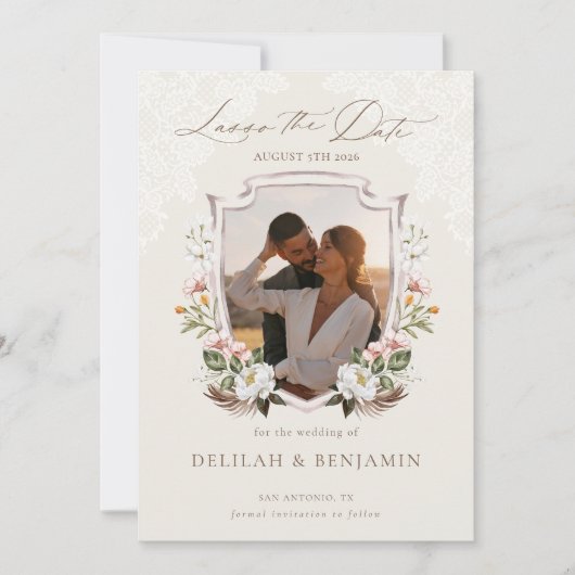 Lasso de datum Boho Waterverf Floral Crest Foto Kaart (Voorkant)