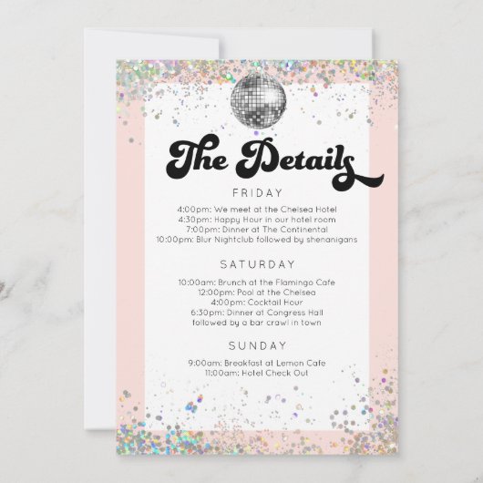 Last Disco Bachelorette Party Itinerary Invitation Kaart (Achterkant)