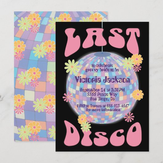 Last Disco Ball Bachelorette Party Invitati 1970 Kaart (Voorkant / Achterkant)