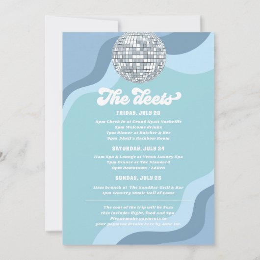 Last Disco Retro 70 Bachelorette Weekend Itinerary Kaart (Achterkant)