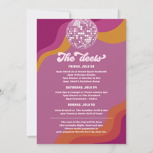 Last Disco Retro 70 Bachelorette Weekend Itinerary Kaart (Achterkant)