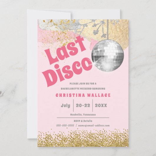 Last Disco Retro Glam Pink Gold Bachelorette Kaart (Voorkant)