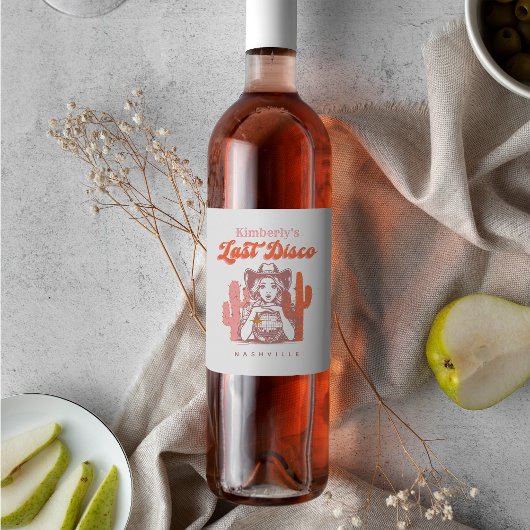 Last Disco Retro Pink Cowgirl Bachelorette Party  Wijn Etiket