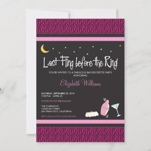 Last Fling Zebra Bachelorette Invitation (fuschia) Kaart (Voorkant)