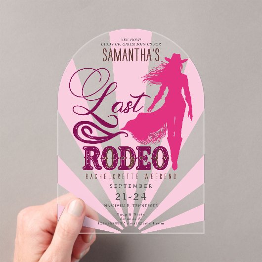 Last Rodeo Pink Cowgirl Nash Bash Bachelorette Acryl Uitnodigingen (Insitu (Draagbaar))