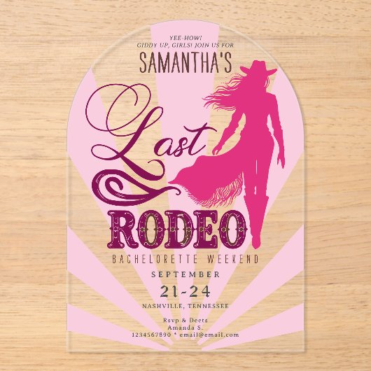 Last Rodeo Pink Cowgirl Nash Bash Bachelorette Acryl Uitnodigingen (Voorkant)