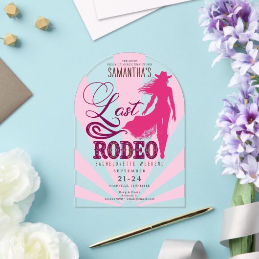 Last Rodeo Pink Cowgirl Nash Bash Bachelorette Acryl Uitnodigingen (Insitu (Huwelijk))
