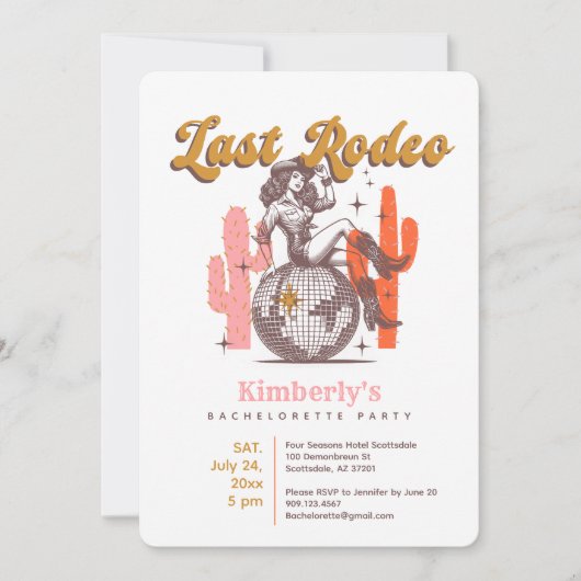 Last Rodeo Retro Pink Cowgirl Bachelorette Party Kaart (Voorkant)