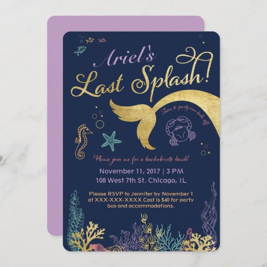 Last Splash Mermaid Bachelorette Invite Kaart (Voorkant / Achterkant)