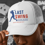 Last Swing Before the Ring Baseball Bachelor Party Trucker Pet<br><div class="desc">Step up to the plate with this last swing before the ring bachelor party trucker hat.  Designed in red and blue,  with a baseball player,  it's perfect for sports fans. Personalize it with the groom's name for a custom keepsake that is sure to be a home run.</div>