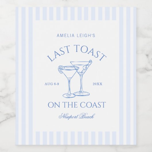 Last Toast on The Coast Blue Bachelorette Wijn Etiket (Enkel label)