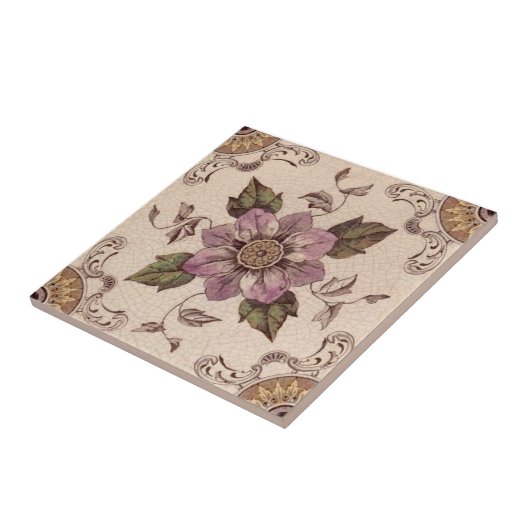 Late 1800s Handgekleurde Floral Transferware Repro Tegeltje (Zijkant)