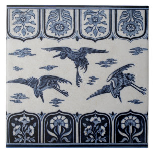 Late 1800s Repro Minton Blue Border Tile 3 Cranes Tegeltje