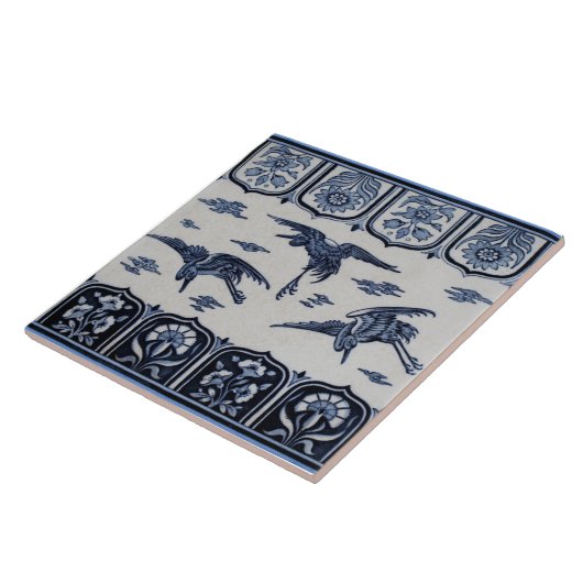 Late 1800s Repro Minton Blue Border Tile 3 Cranes Tegeltje (Zijkant)
