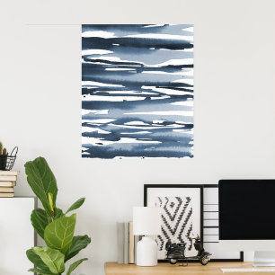 Late blauwe Waterverf Abstracte strepen Poster
