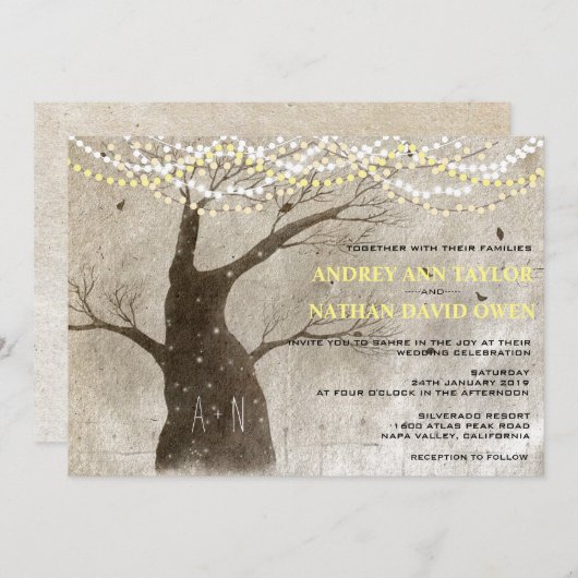 Late Herfst of Winter Rustic Tree Lights Wedding Kaart (Voorkant / Achterkant)