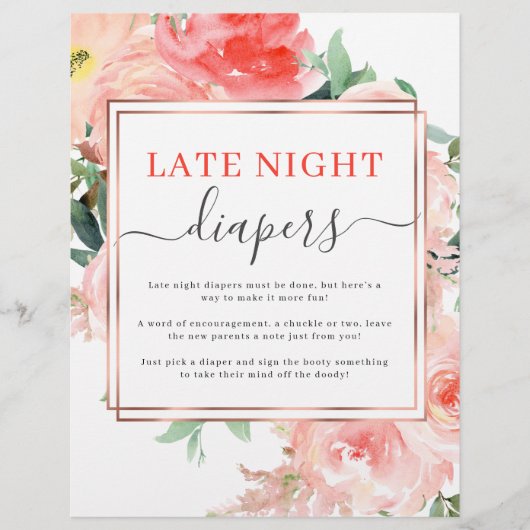 Late nacht diaper Baby shower game Peach Floral Flyer (Voorkant)