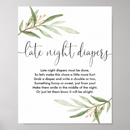 Late nacht diapers baby shower game greenergy gold poster (Voorkant)